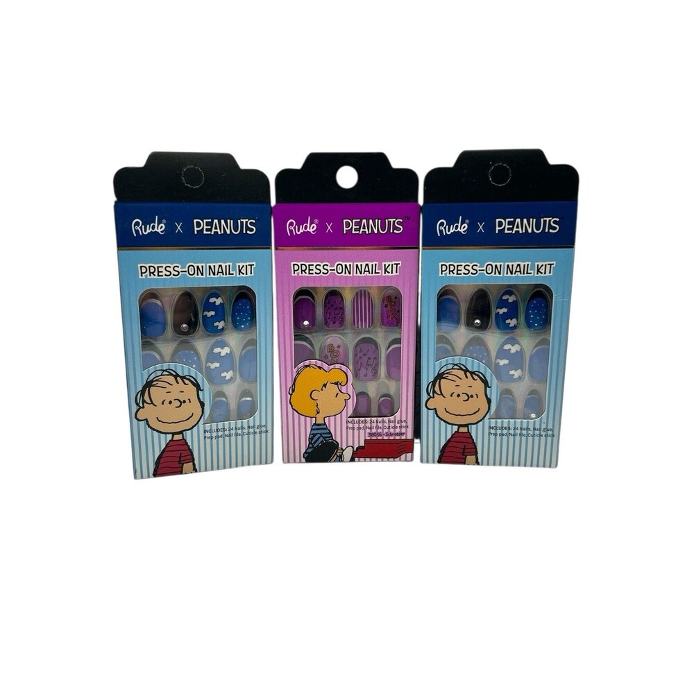 Lot of 3 Rude x Peanuts Press-On Nail Kits - Linus & Schroeder - 24 Nails Each